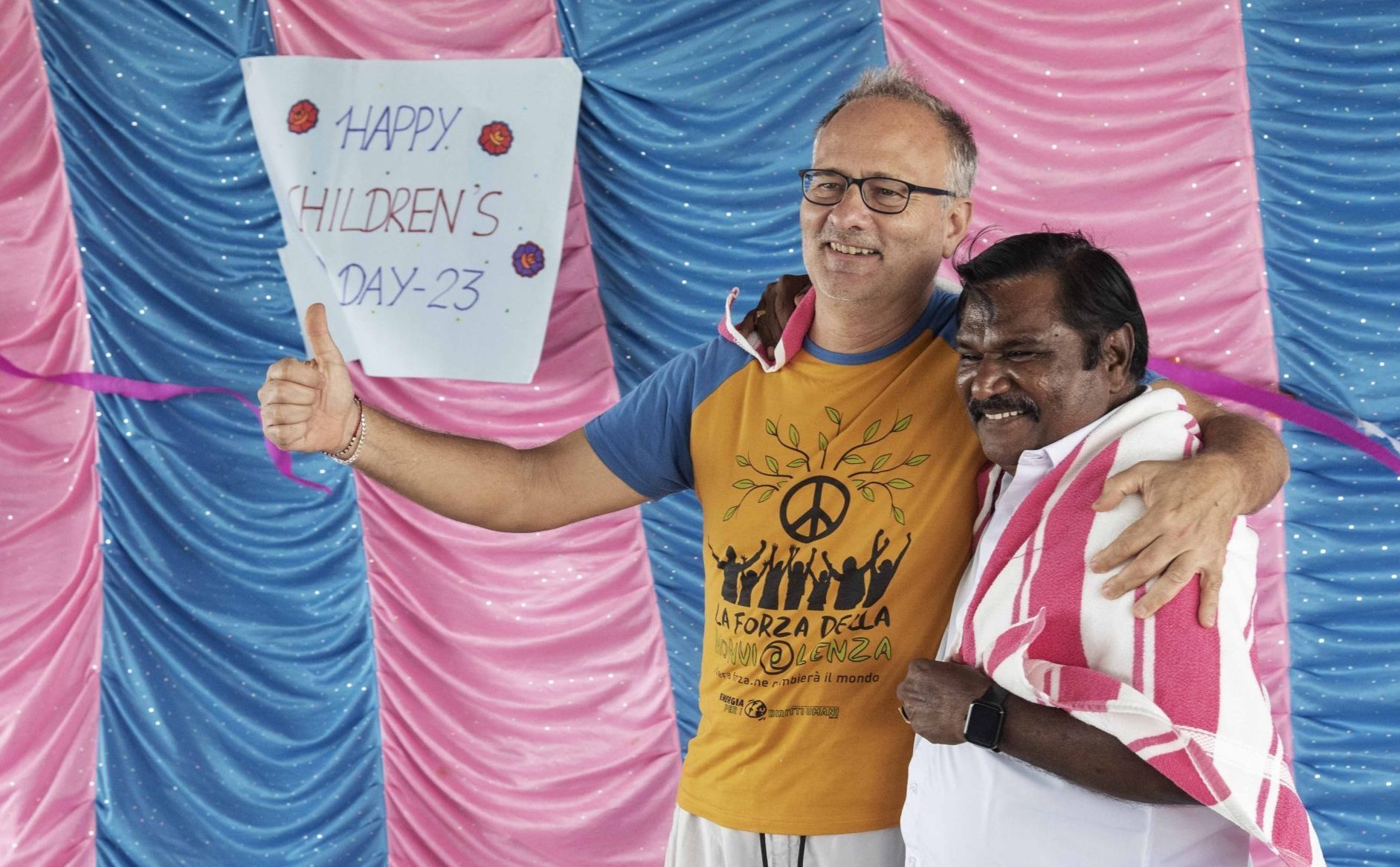 Marco, head of Energia, and General Secretary Peter during a celebration at the Ave Maria school