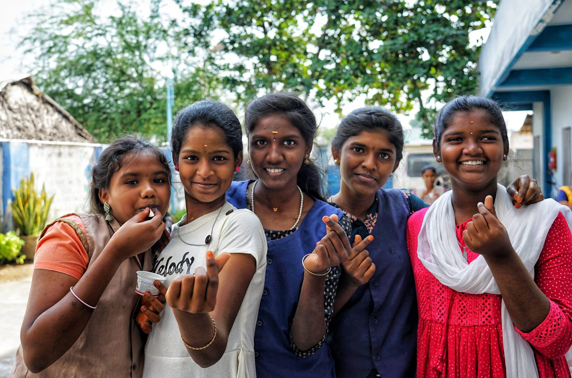 From left: Rakjitha, Sasmitha, Athisaya Vinotha Dinisha, Mariasuvitha, and Yuvasri from From left: Island of Hope smiling for a photo