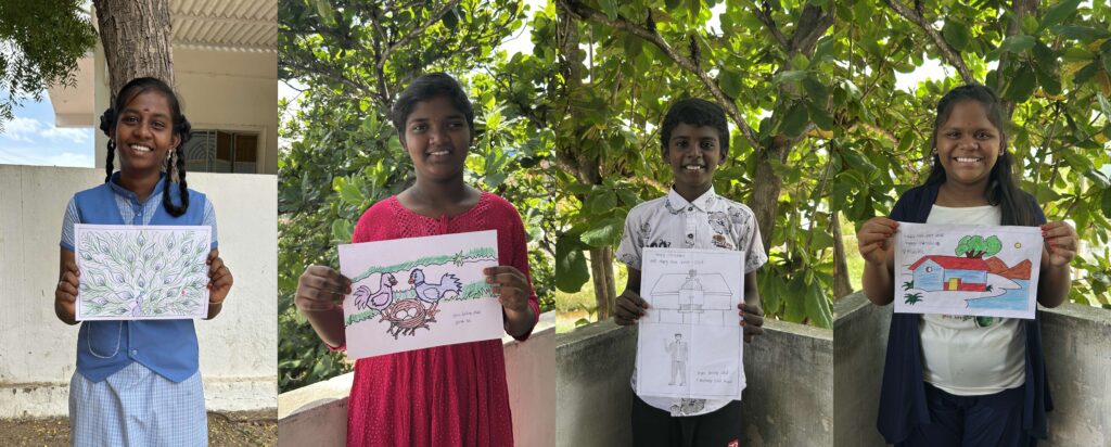 Mariamma, Yuvasri, Anthony Vinil Arasu and Mubika showing the drawings they made for their sponsors